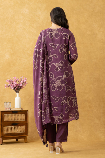 Plum Floral Printed Cotton A-Line Suit Set