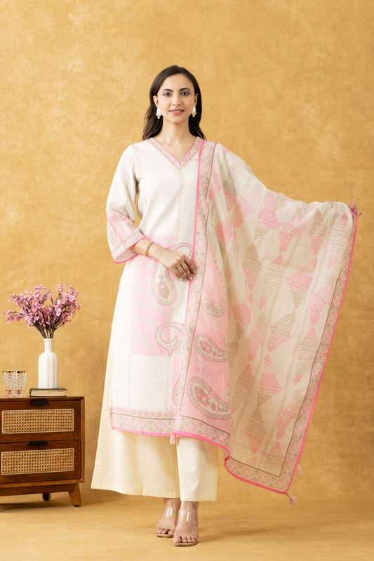 Ivory & Pink Printed Cotton Suit Set