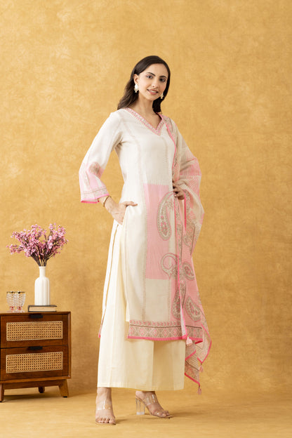 Ivory & Pink Printed Cotton Suit Set