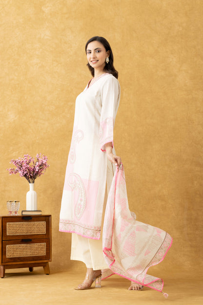 Ivory & Pink Printed Cotton Suit Set
