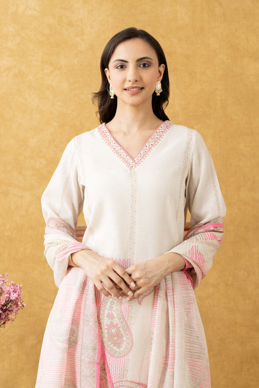 Ivory & Pink Printed Cotton Suit Set