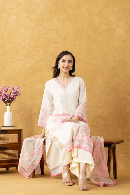 Ivory & Pink Printed Cotton Suit Set