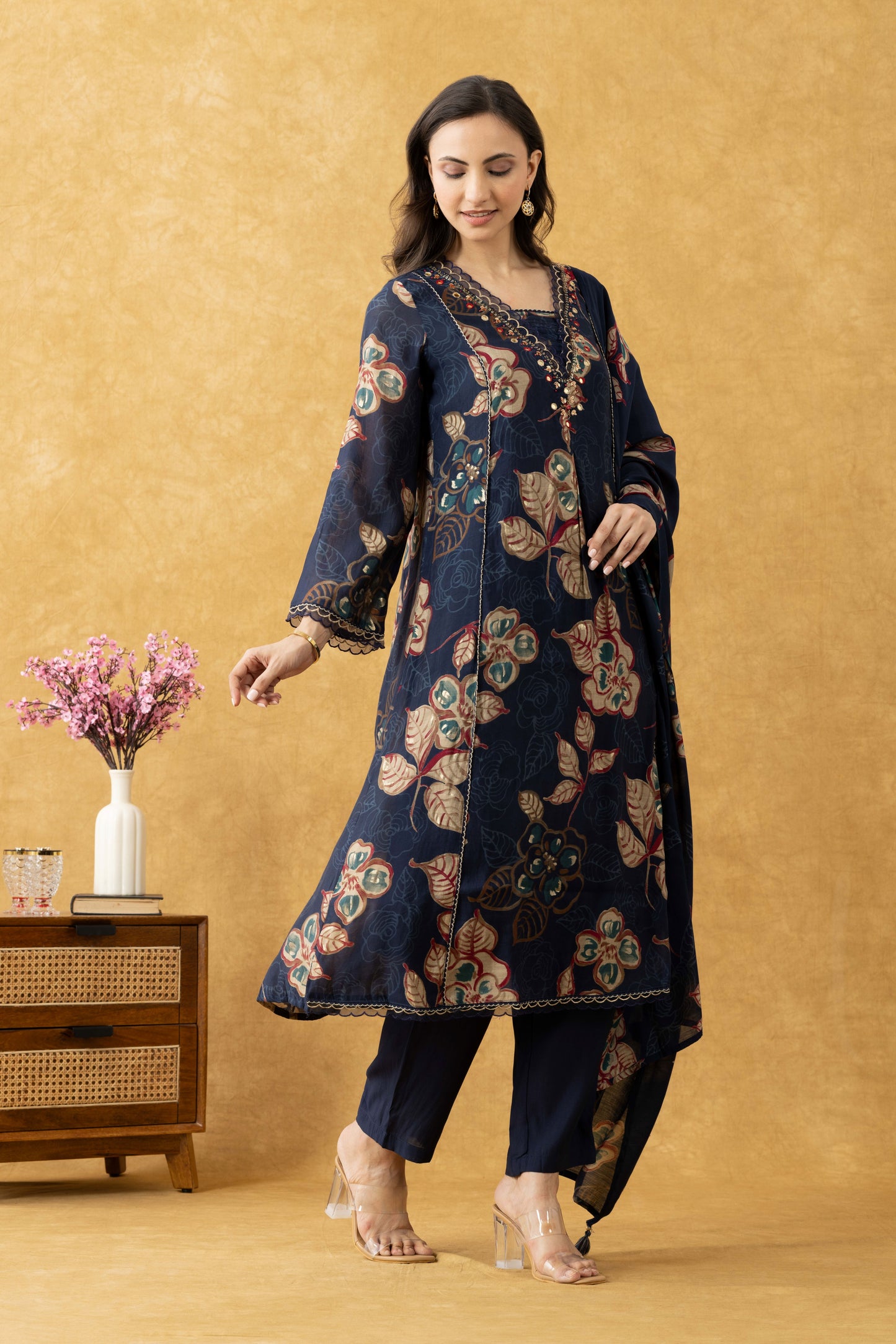 Navy Floral A-Line Suit Set