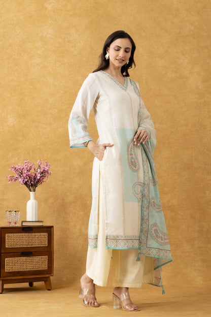 Ivory & Turquoise Cotton Suit Set