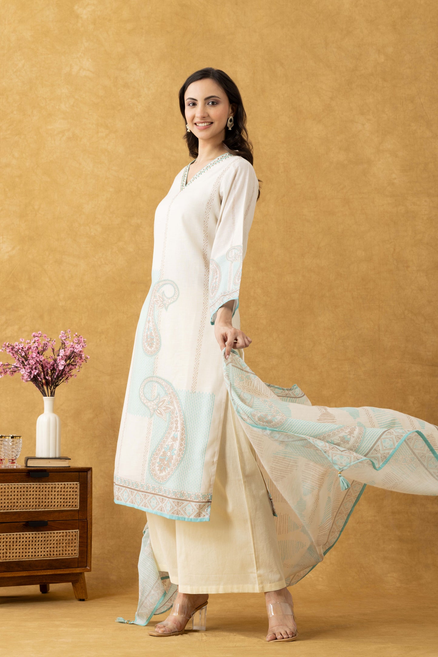 Ivory & Turquoise Cotton Suit Set