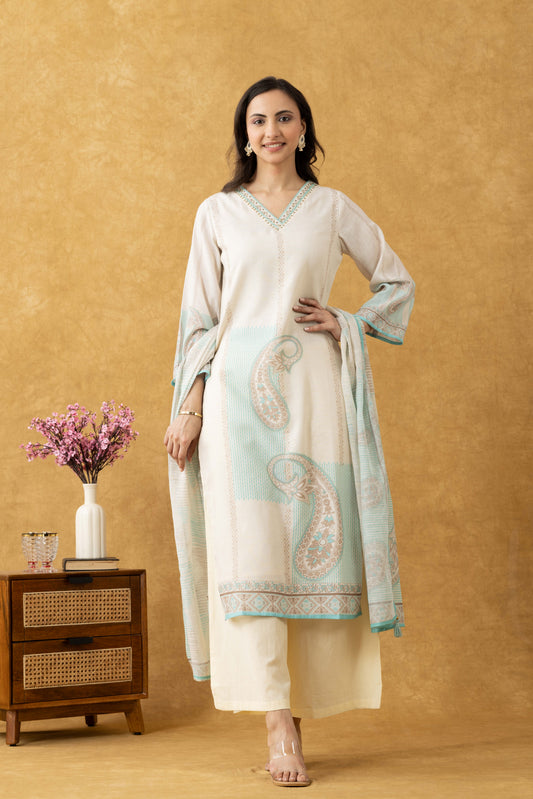 Ivory & Turquoise Cotton Suit Set