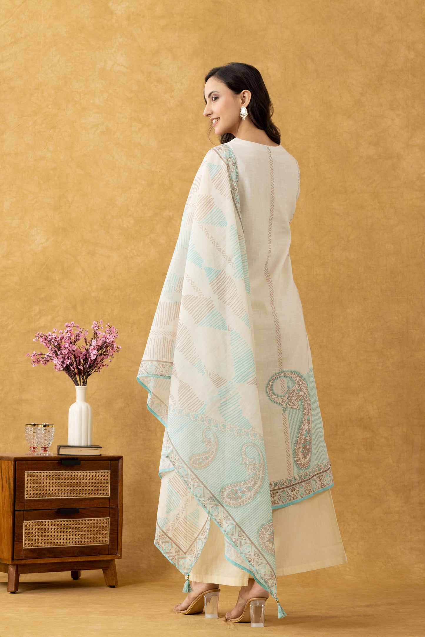 Ivory & Turquoise Cotton Suit Set