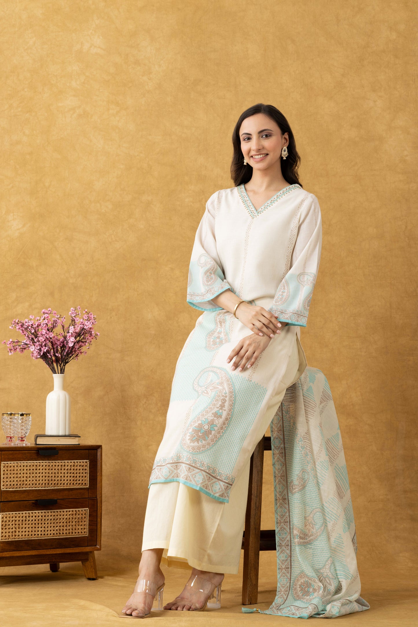 Ivory & Turquoise Cotton Suit Set