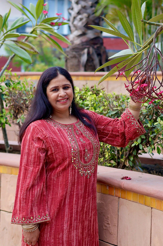 Coral Crush Velvet Kurta with Straight Pants Co-Ord Set