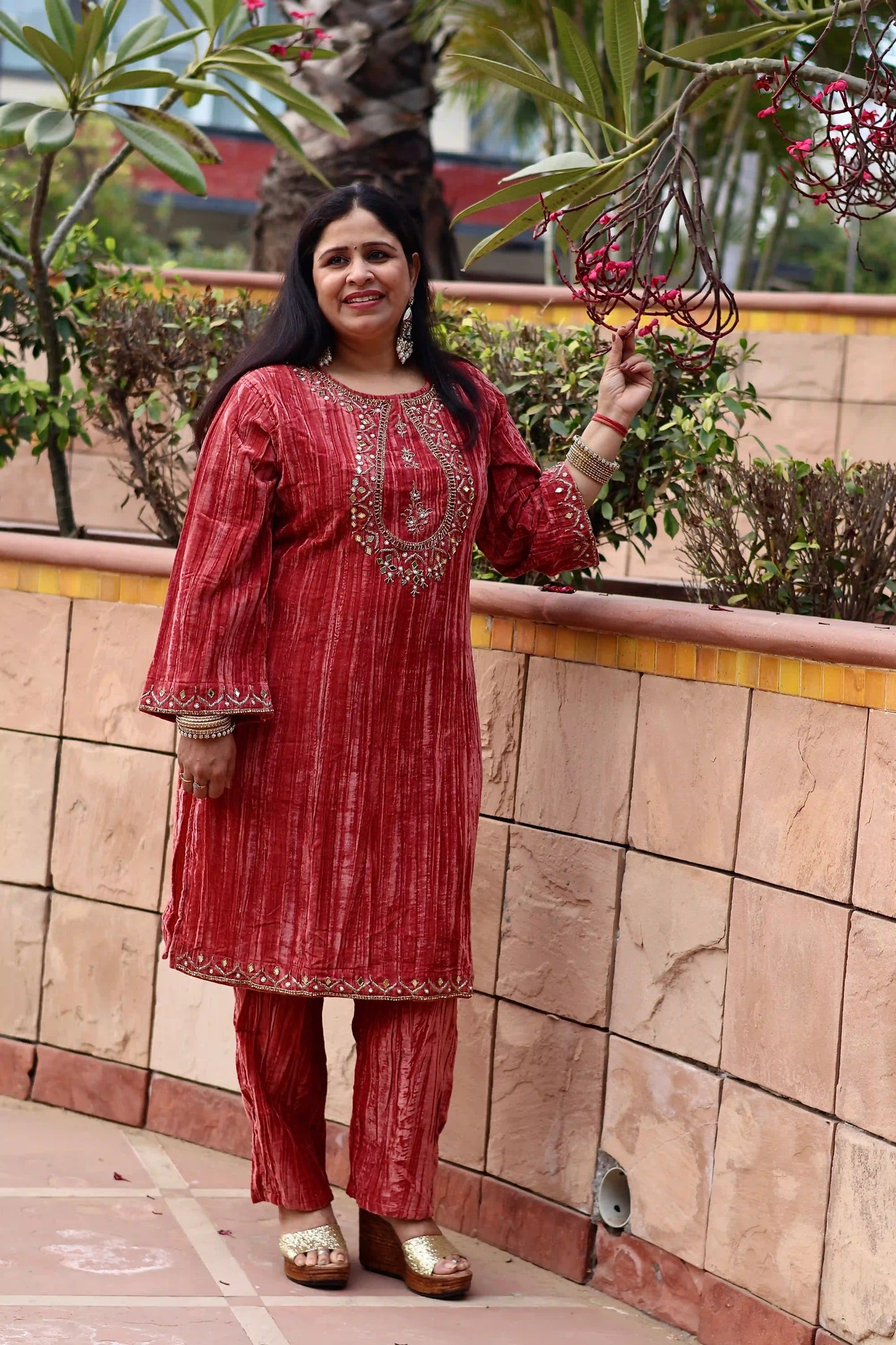 Coral Crush Velvet Kurta with Straight Pants Co-Ord Set