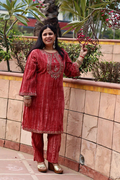 Coral Crush Velvet Kurta with Straight Pants Co-Ord Set