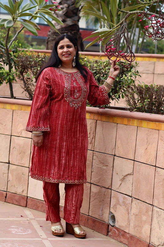 Coral Crush Velvet Kurta with Straight Pants Co-Ord Set