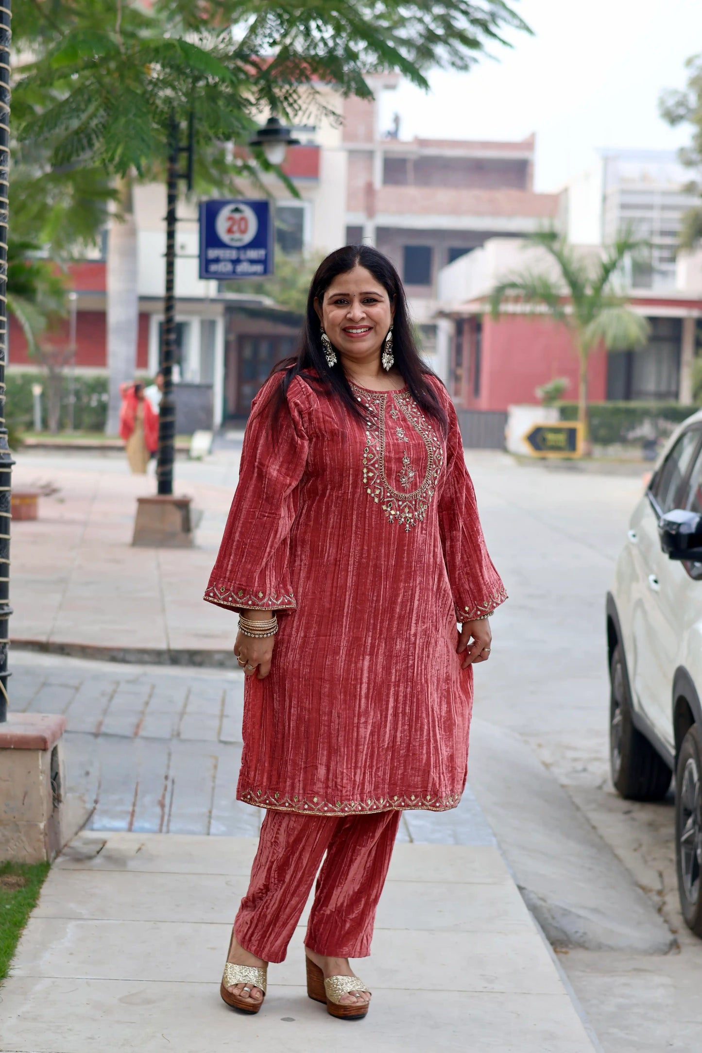Coral Crush Velvet Kurta with Straight Pants Co-Ord Set