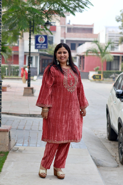 Coral Crush Velvet Kurta with Straight Pants Co-Ord Set
