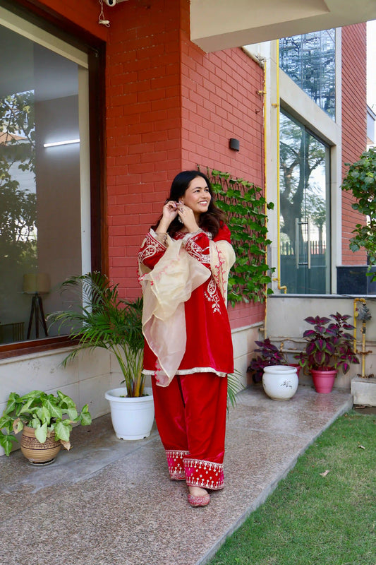 Velvet Kurta with Farshi Salwar and Organza Dupatta