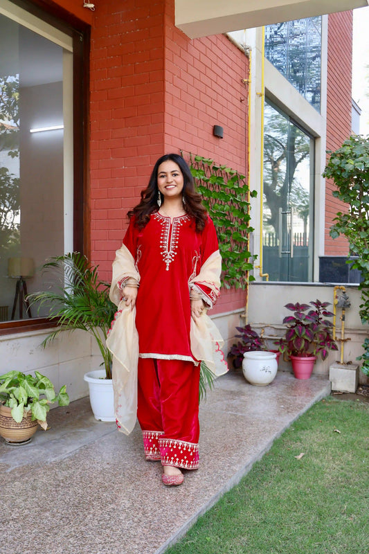 Velvet Kurta with Farshi Salwar and Organza Dupatta