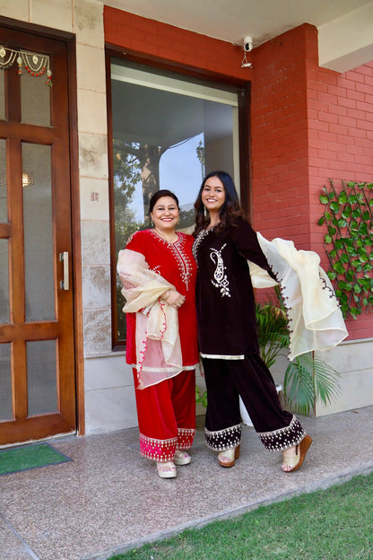 Velvet Kurta with Farshi Salwar and Organza Dupatta