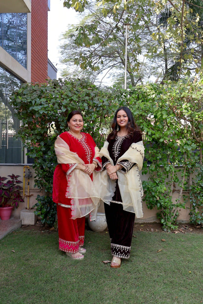 Velvet Kurta with Farshi Salwar and Organza Dupatta