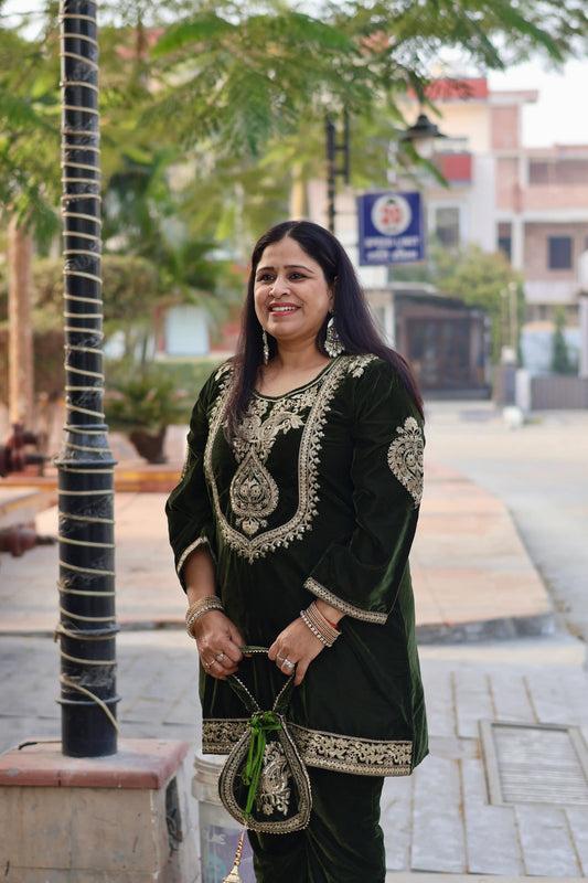 Velvet Kurta with Potli Co-Ord Set