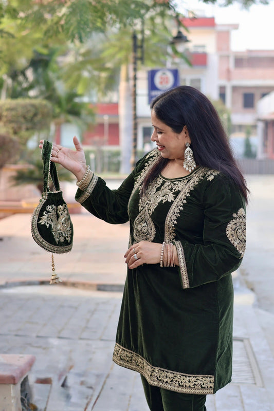 Velvet Kurta with Potli Co-Ord Set