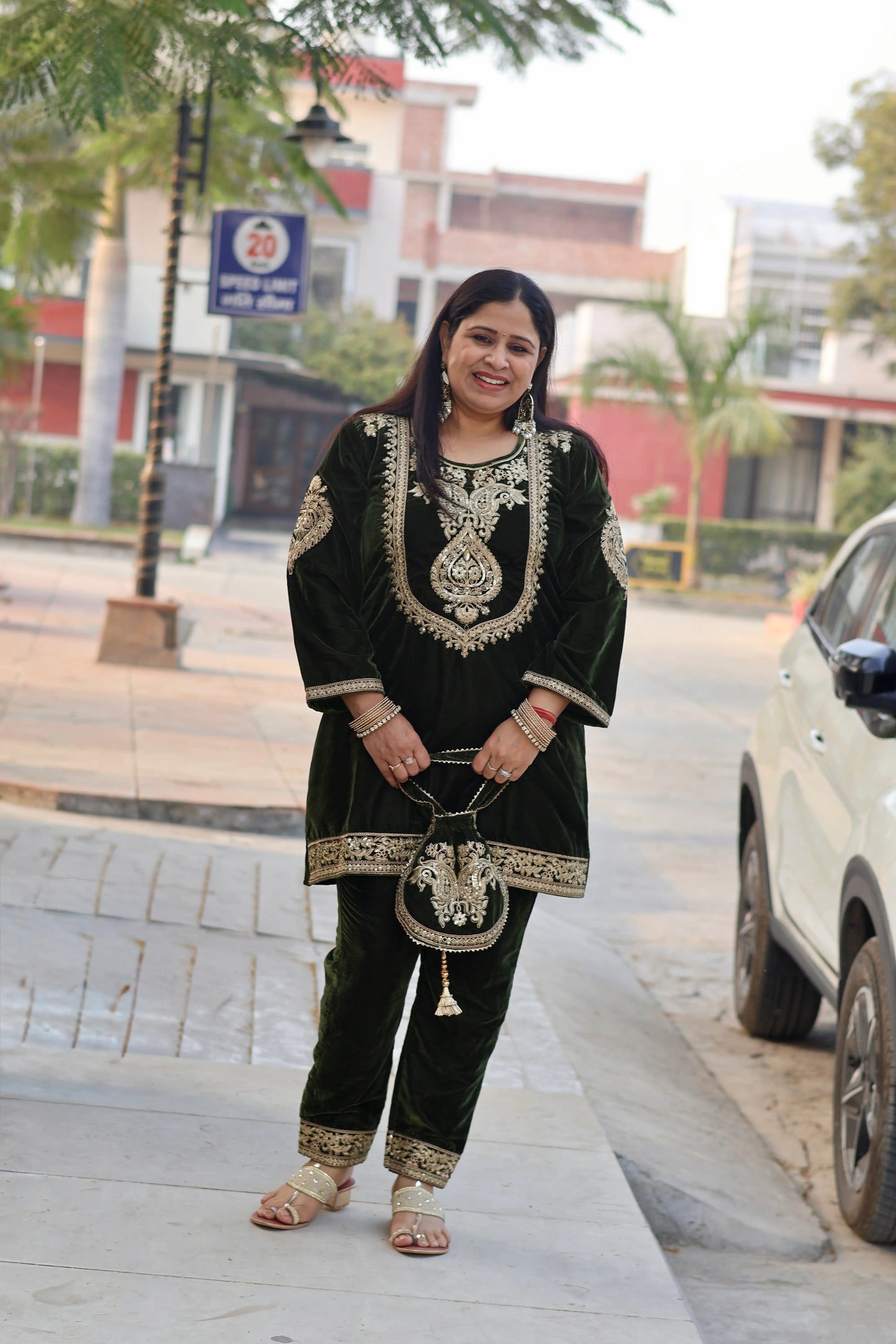 Velvet Kurta with Potli Co-Ord Set