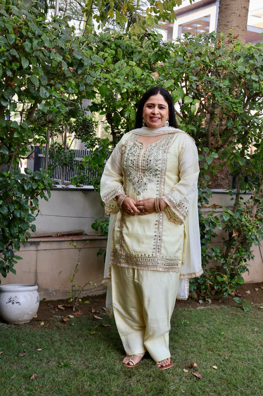 Zari Embellished Kurta Set with Farshi Salwar & Dupatta