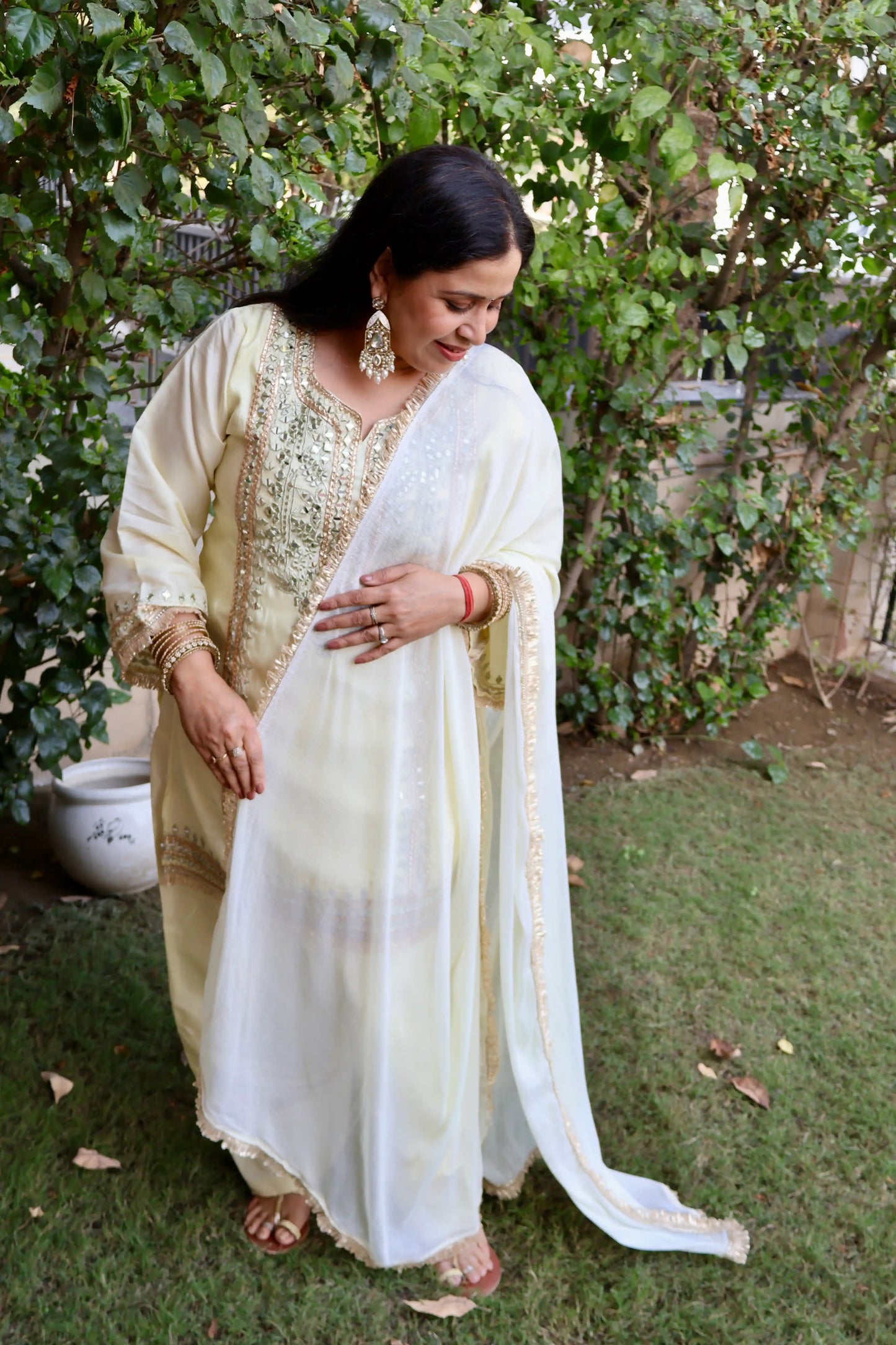 Zari Embellished Kurta Set with Farshi Salwar & Dupatta