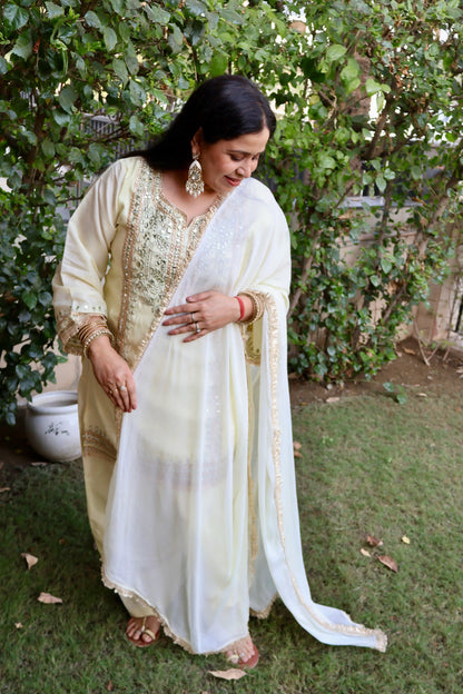 Zari Embellished Kurta Set with Farshi Salwar & Dupatta
