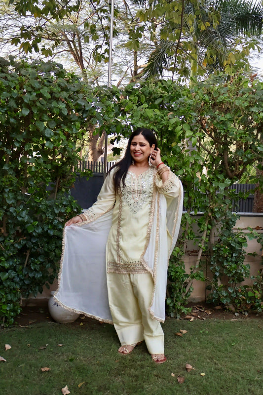 Zari Embellished Kurta Set with Farshi Salwar & Dupatta