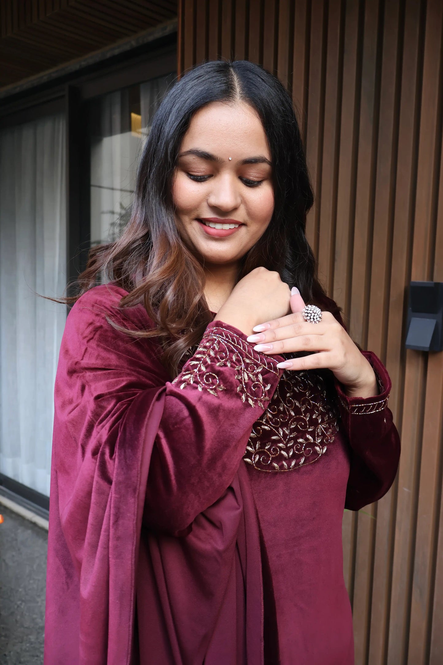 Burgundy Royale Embroidered Velvet Suit Set with Dupatta