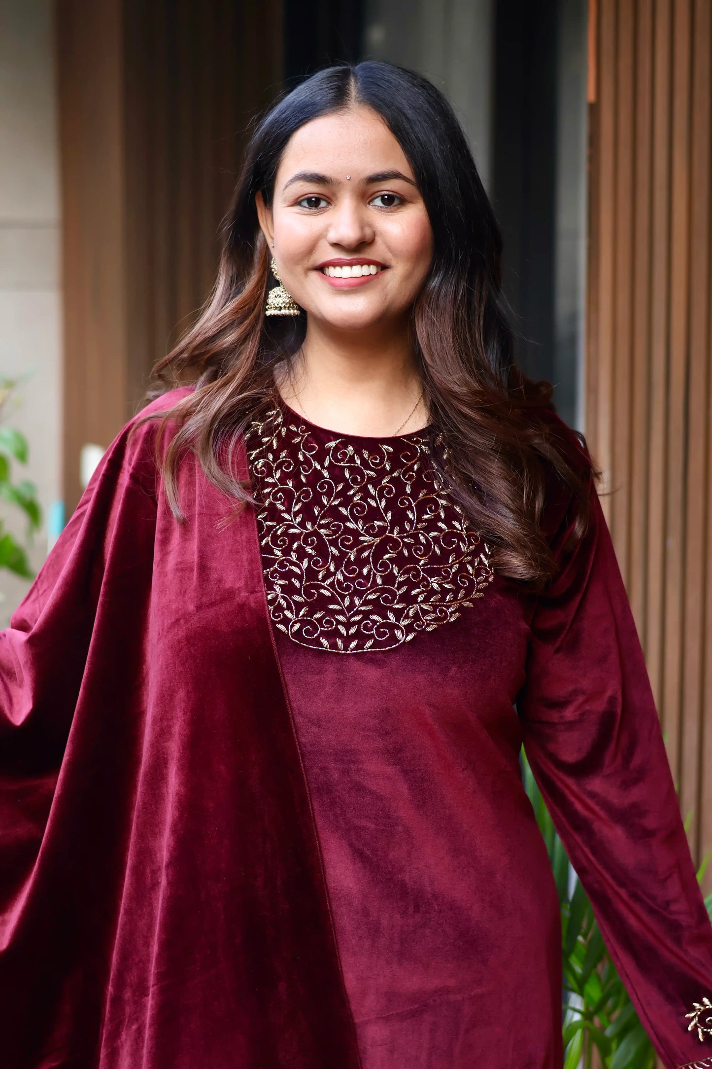 Burgundy Royale Embroidered Velvet Suit Set with Dupatta
