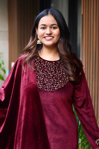 Burgundy Royale Embroidered Velvet Suit Set with Dupatta