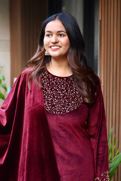 Burgundy Royale Embroidered Velvet Suit Set with Dupatta