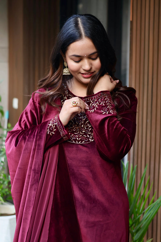 Burgundy Royale Embroidered Velvet Suit Set with Dupatta