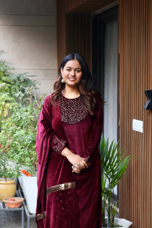 Burgundy Royale Embroidered Velvet Suit Set with Dupatta