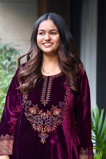Wine Baroque Embroidered Velvet Co-Ord Set