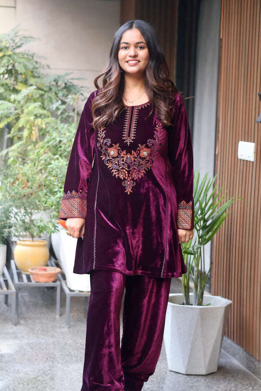 Wine Baroque Embroidered Velvet Co-Ord Set