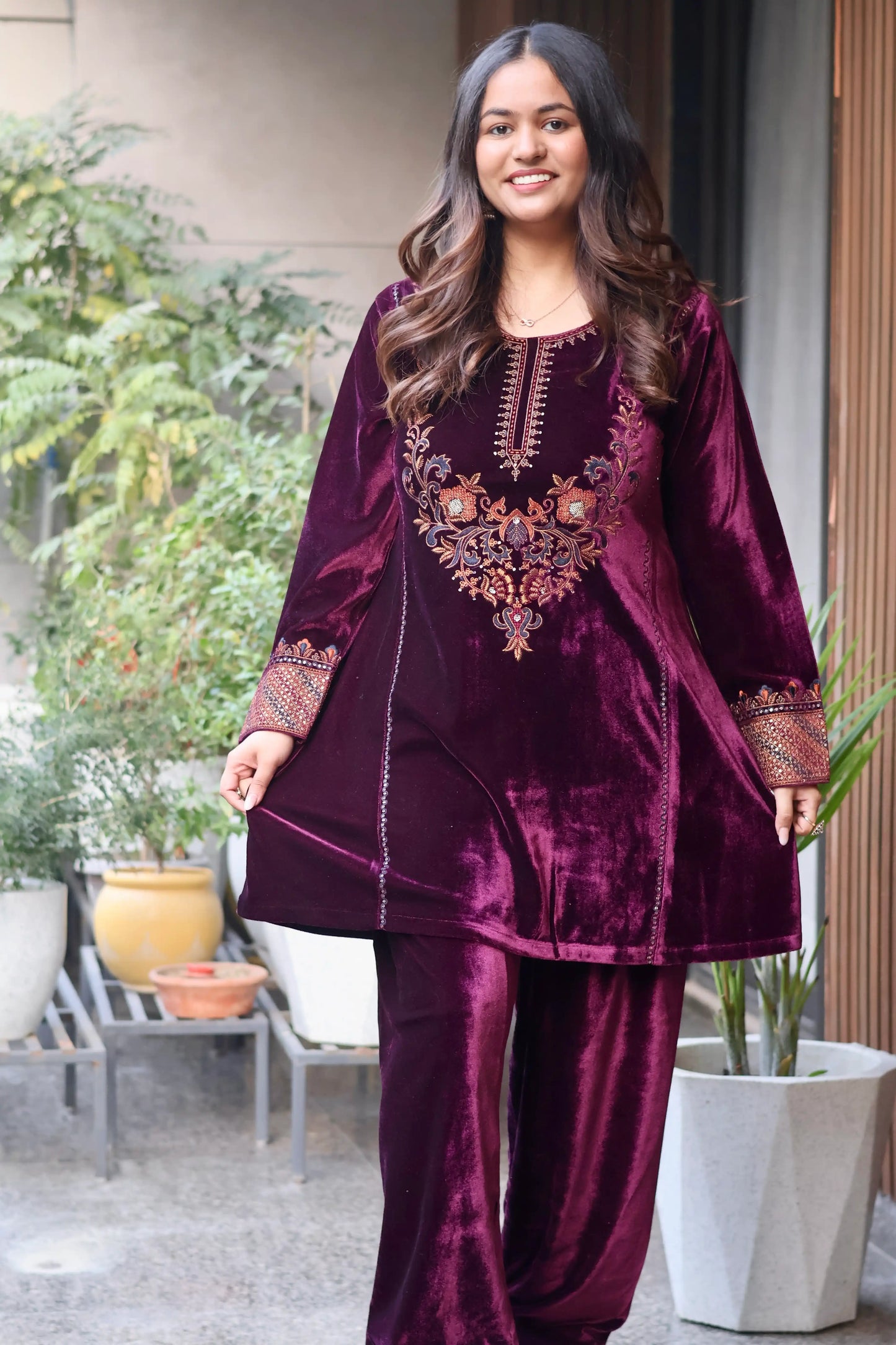 Wine Baroque Embroidered Velvet Co-Ord Set