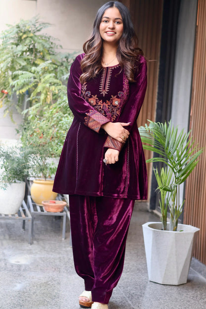Wine Baroque Embroidered Velvet Co-Ord Set