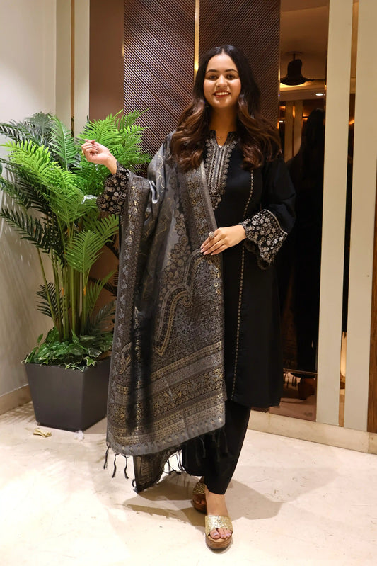 Black Suede Velvet Anarkali Suit Set with Banarasi Dupatta