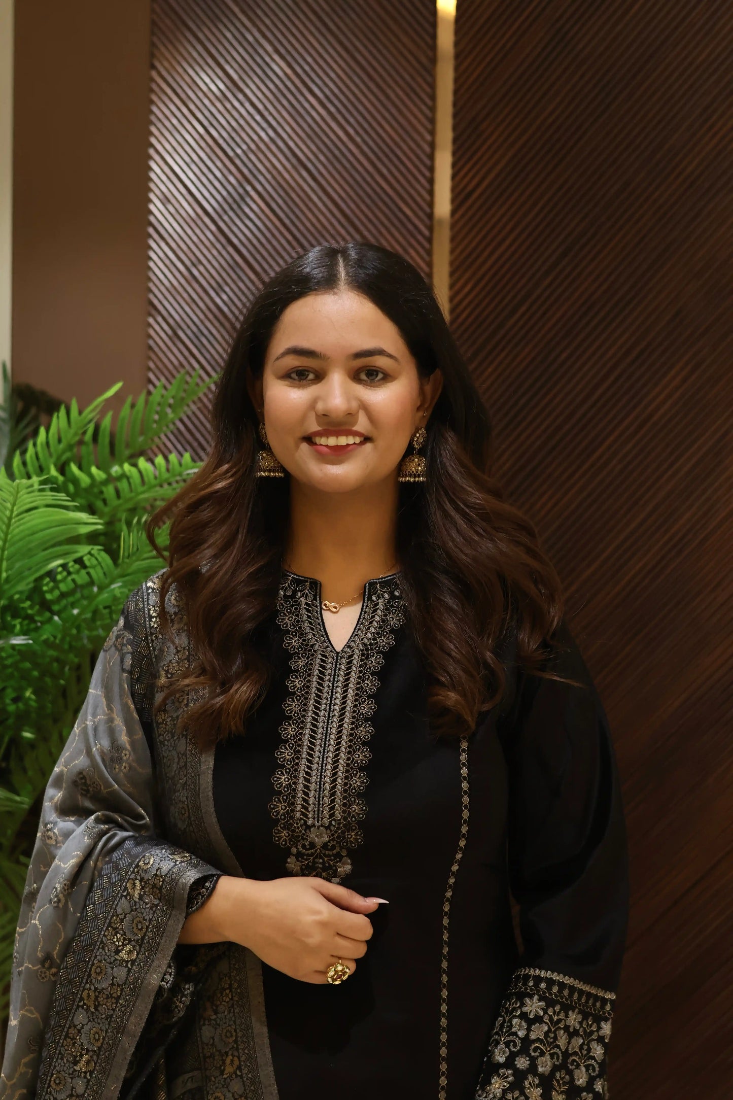 Black Suede Velvet Anarkali Suit Set with Banarasi Dupatta