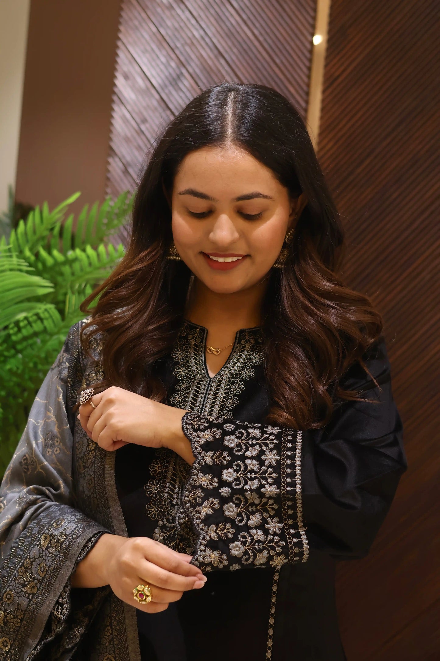 Black Suede Velvet Anarkali Suit Set with Banarasi Dupatta