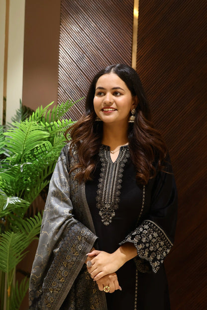 Black Suede Velvet Anarkali Suit Set with Banarasi Dupatta