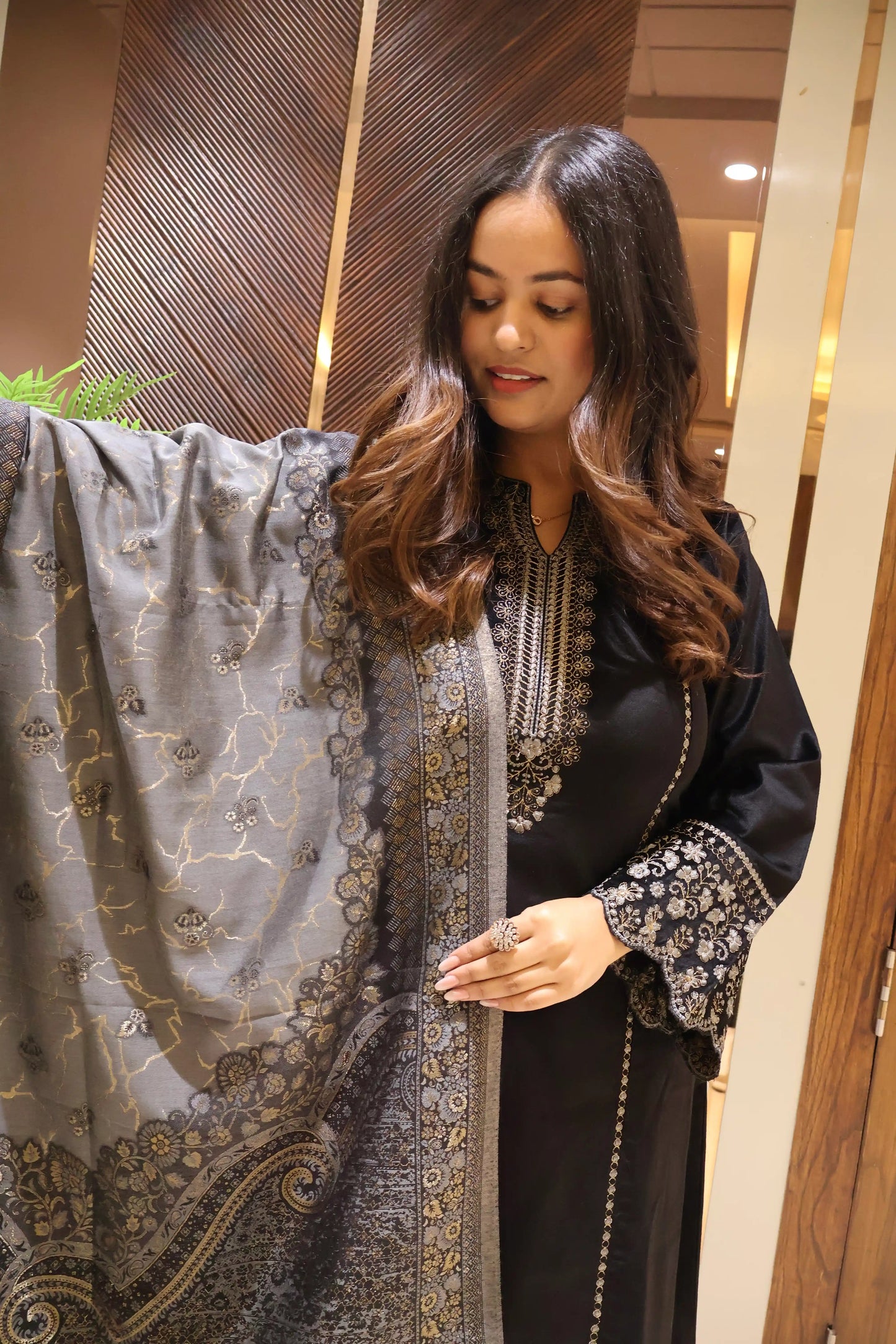 Black Suede Velvet Anarkali Suit Set with Banarasi Dupatta