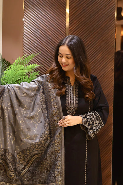 Black Suede Velvet Anarkali Suit Set with Banarasi Dupatta
