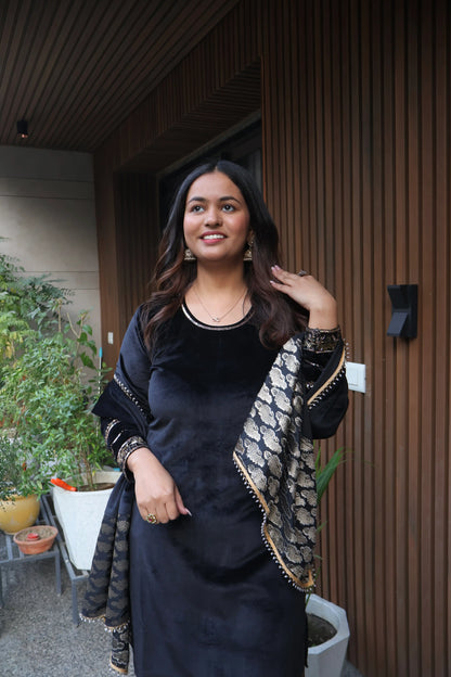Black Velvet Suit Set with Brocade Dupatta