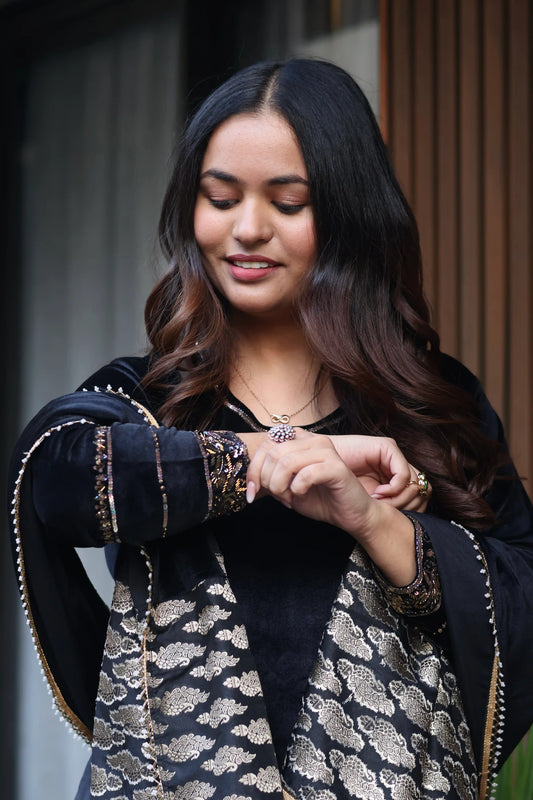 Black Velvet Suit Set with Brocade Dupatta