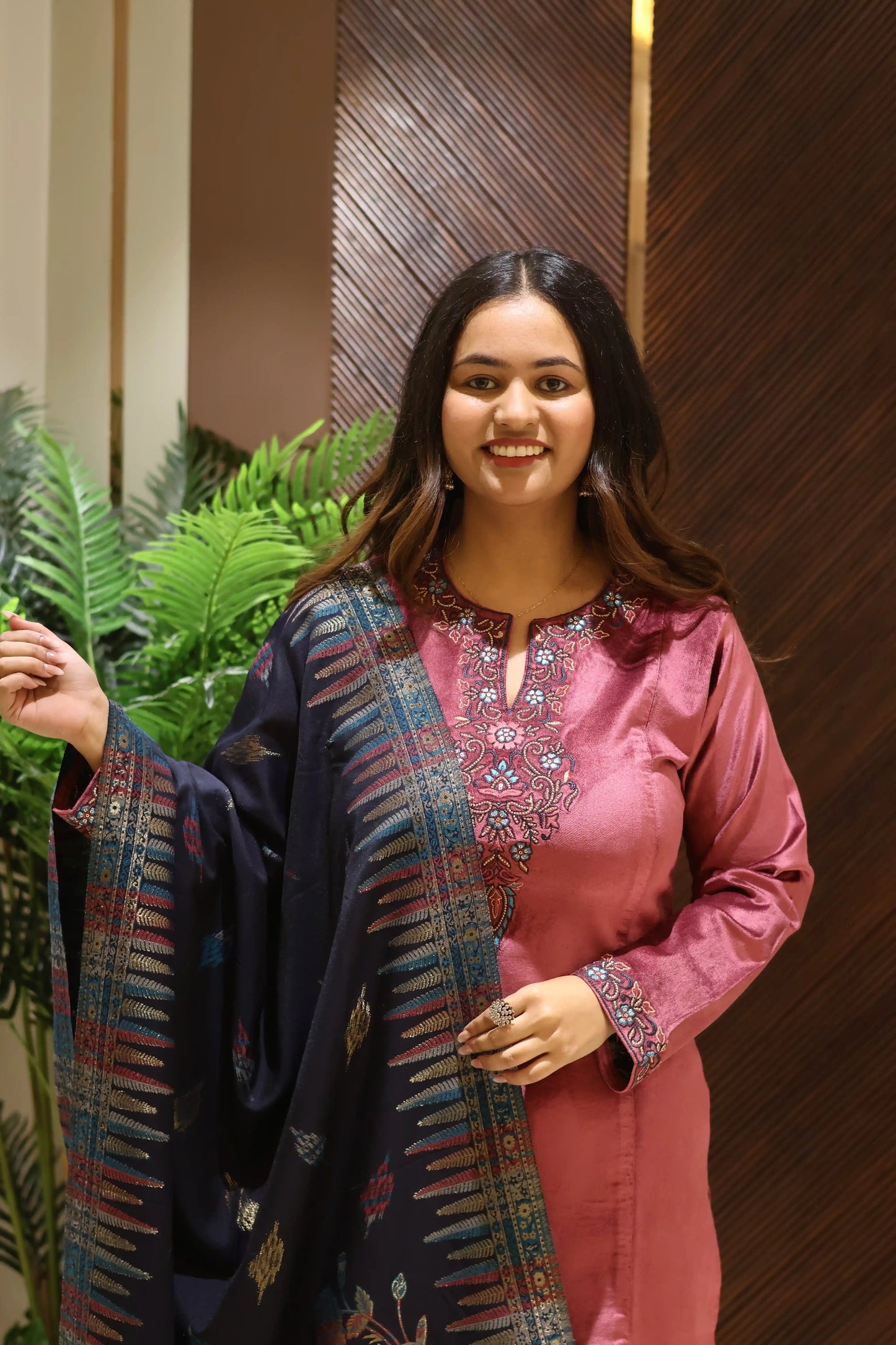 Pink Suede Velvet Suit Set with Banarasi Dupatta