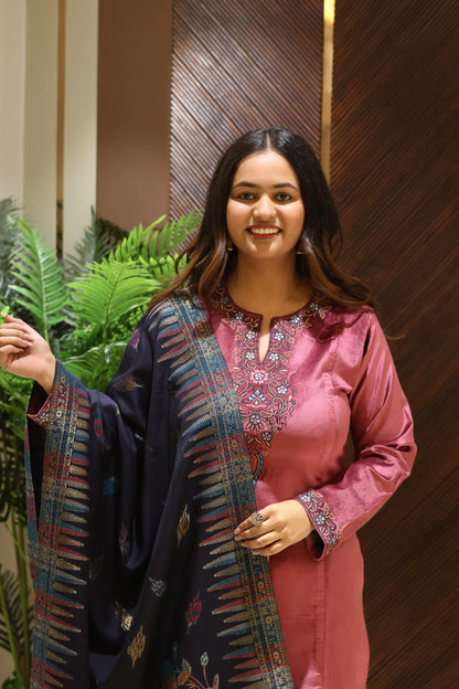 Pink Suede Velvet Suit Set with Banarasi Dupatta