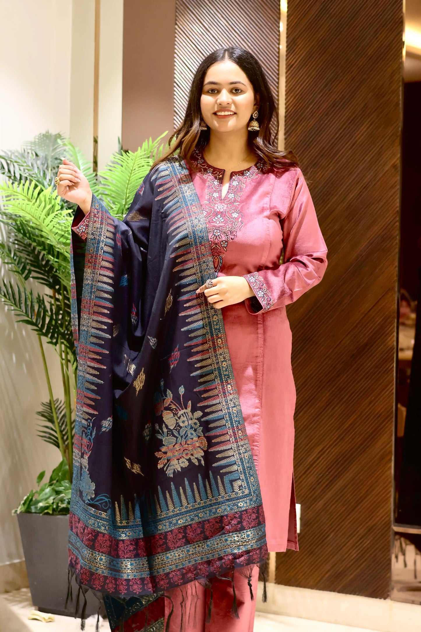 Pink Suede Velvet Suit Set with Banarasi Dupatta